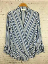 FOURTEENTH PLACE BELL SLEEVE SHIRT SMALL WOMEN'S WHITE BLUE STRIPED V-NECK (C08)