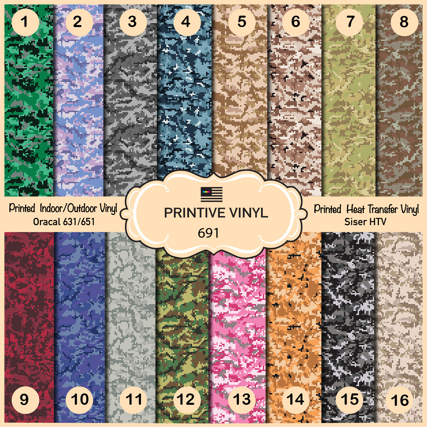 Digital Camouflage Printed HTV, Pattern Vinyl, Siser, Craft Vinyl- 691