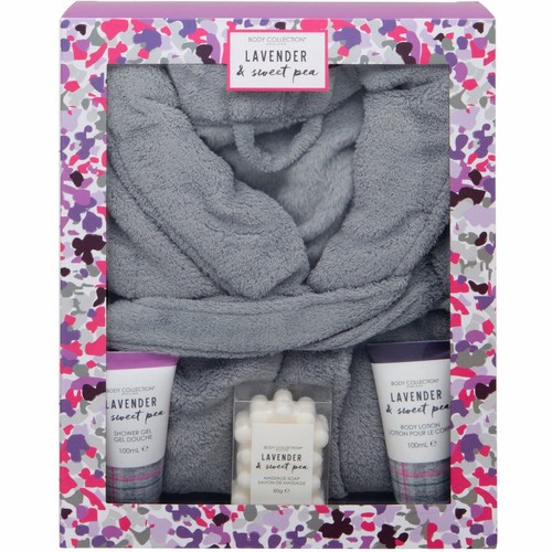 Lavender & Sweet Pea Dressing Gown Bath & Body Gift Set Robe Shower Gel