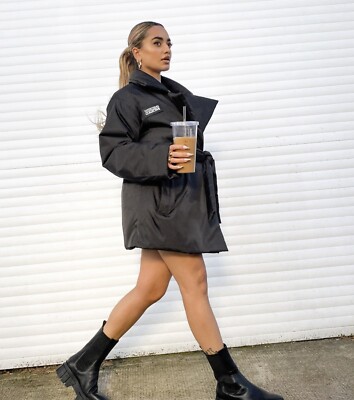 ASOS Weekend Collective clean belted padded coat with logo in black