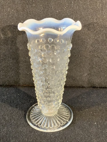 Vintage Anchor Hocking Moonstone Glass Bud Vase, 5.5" White Opalescent Hobnail