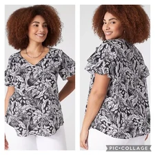 Lane Bryant Maui Leaves V Neck Ruffled Blouse Plus Size 26