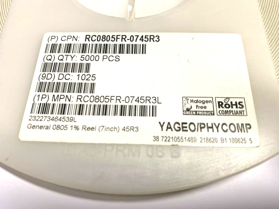 5000 x 45,3R, 45R3, 0805,1%, 45,3 Ohm, RC0805FR-0745R3L,SMD,Resistencia.1 R.5000 unidades Foto 3 de 3