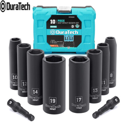 DURATECH 10 Piece Drive Impact Socket Set 3/8 &1/4 Inch Metric Sizes Exten Bars
