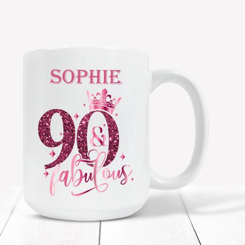 Personalised 90th Birthday Gift 90th Pink Mug, Coaster or Mug & Coaster Gift Set - Picture 5 of 12
