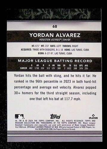 YORDAN ALVAREZ 2024 TOPPS MUSEUM COLLECTION BASEBALL CARD #68 HOUSTON ASTROS - Picture 2 of 2