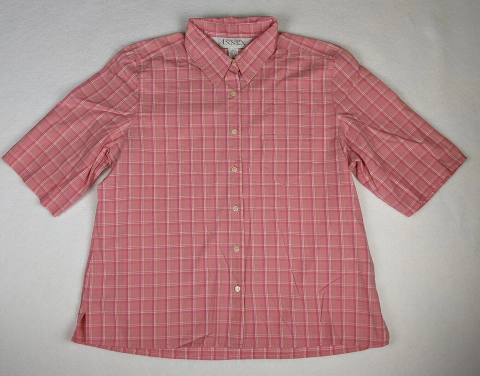 Top informal esquina anexo para mujer talla grande rosa a cuadros manga corta abotonada Foto 3 de 4