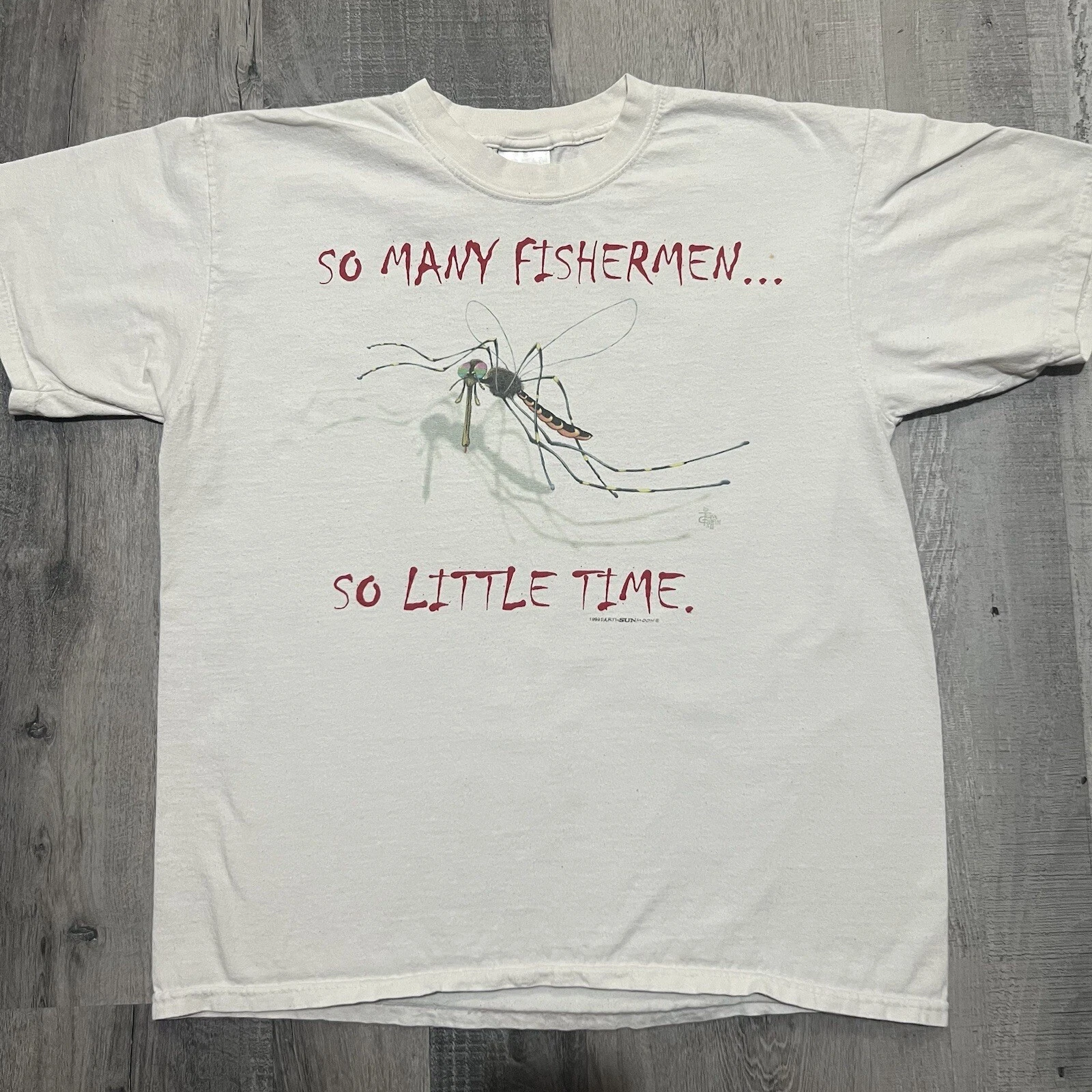 VTG Tom Griffin So Many Fisherman So Little Time Y2K Mosquito Fish Camp T Shirt