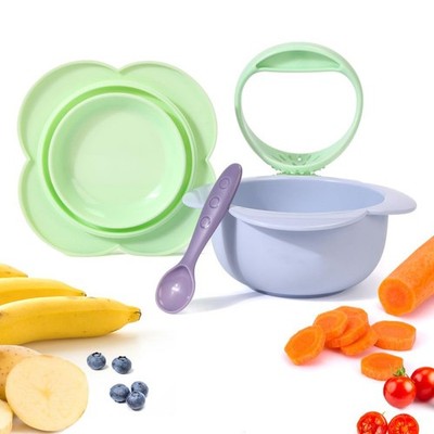 Silicone Baby Bowl and Spoon Set with Suction&Lid First Stage Self Feeding Bowl