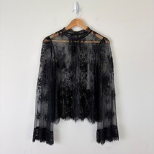 Black Whimsigoth Sheer Floral Eyelash Lace High Neck Top Witchy Vampy Victorian