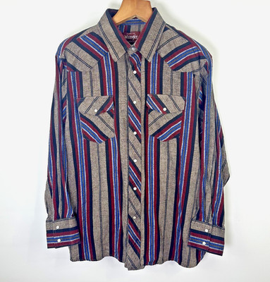 Vintage Wrangler Western Shirt Big Man 2XL Striped Pearl Snap Long Sleeve Cotton