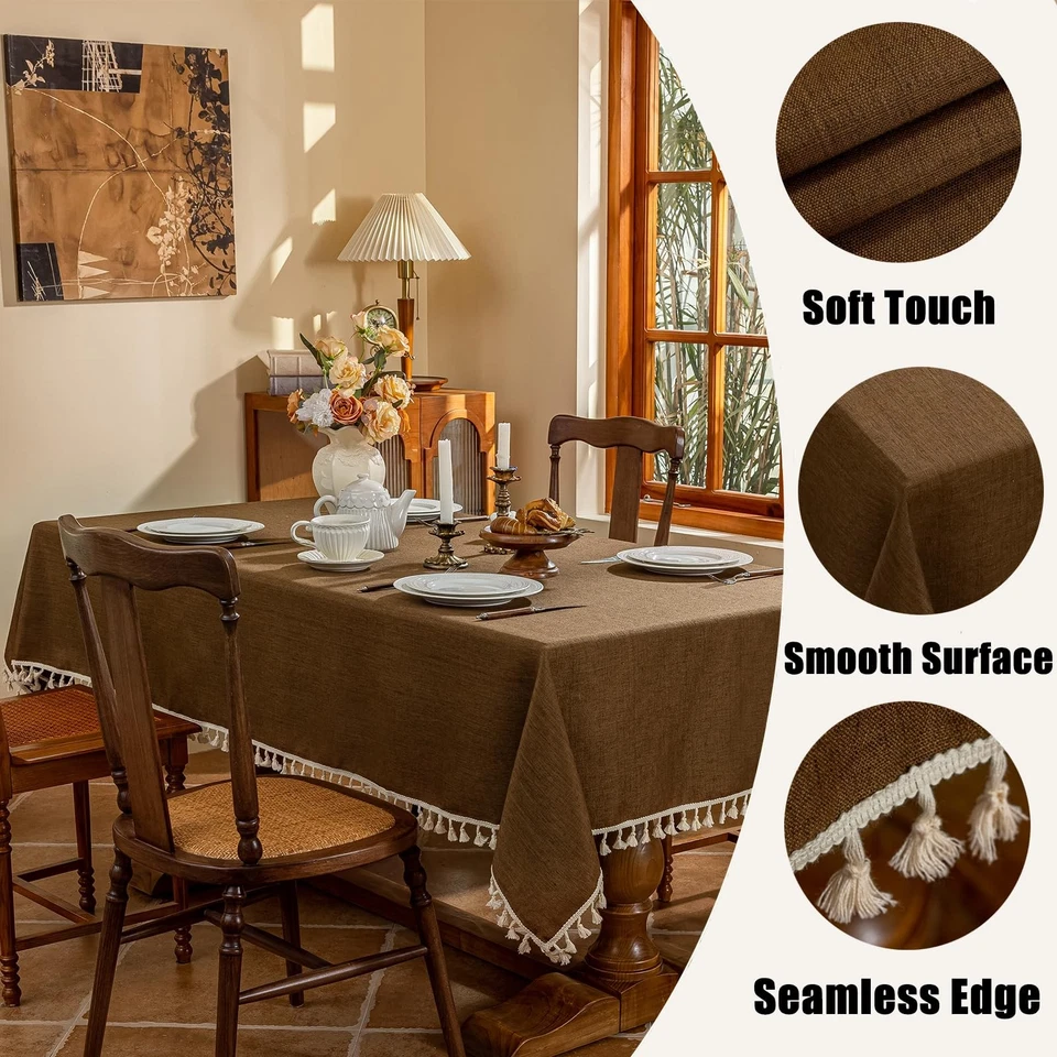Linen Blend Tablecloth Table Cloth 280 GSM Stitching Tassel Rectangle Decorat... - Image 2 of 4