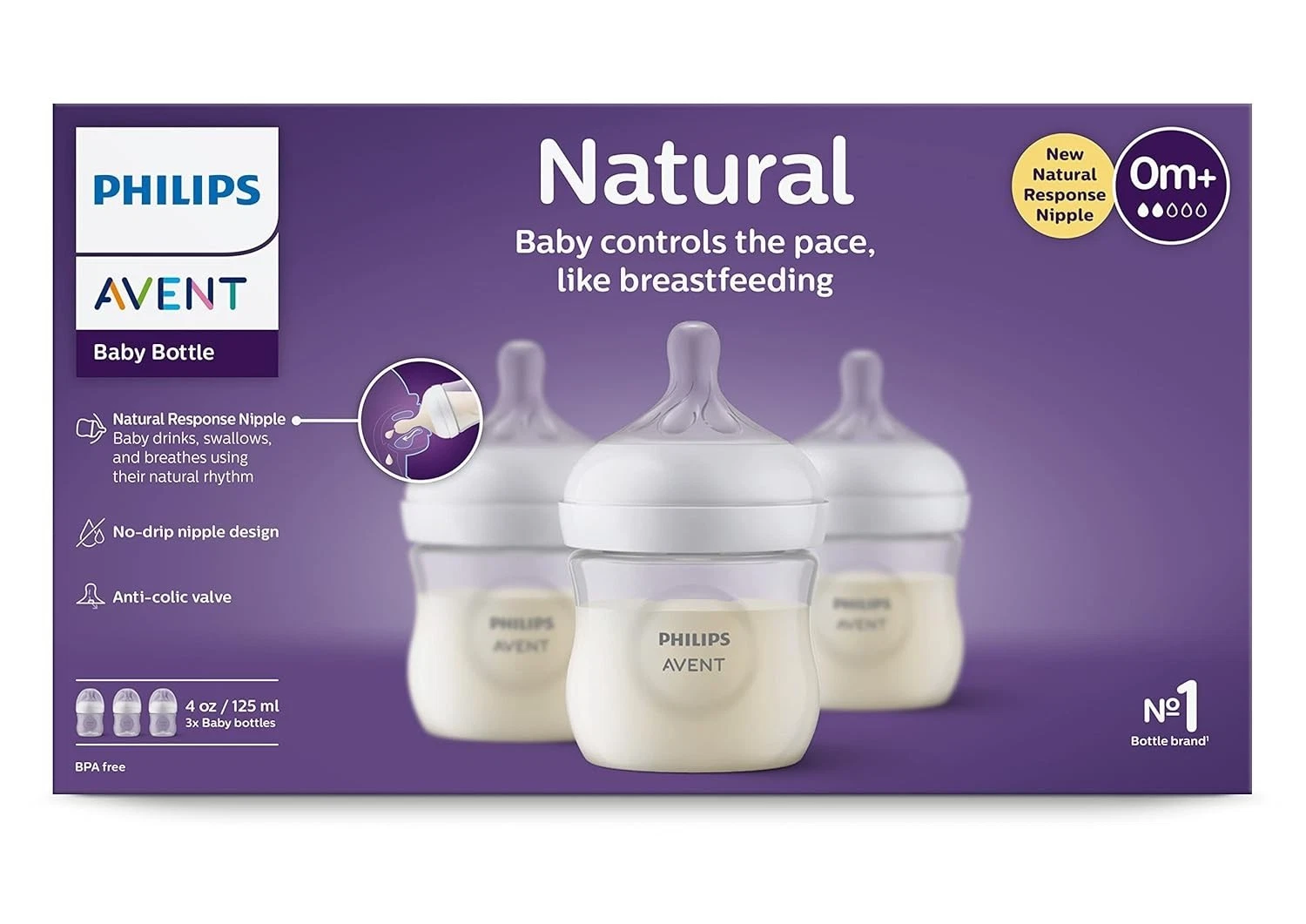 Philips Avent Natural Baby Bottle with Natural Response Nipple, Clear, 4oz, 3pcs
