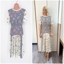Rixo Jennifer Silk Midi Dress Gingham Floral Pleated UK 10 ASO Holly Willoughby