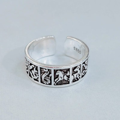 Vintage Zodiac Ring Adjustable Size 7 To 10 Wide Band Statement Fashion