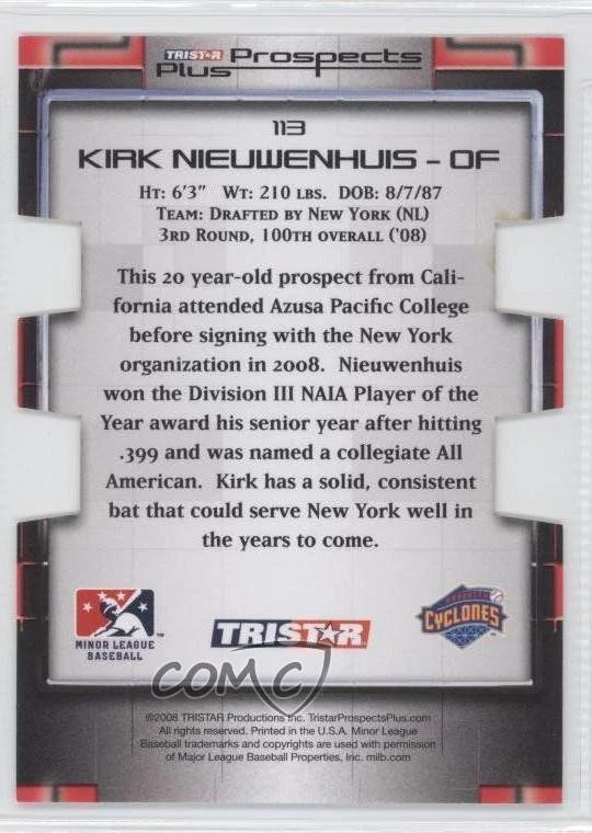 2008 TRISTAR Prospects Plus PROminent Green Die-Cut /50 Kirk Nieuwenhuis #113 - Image 2 of 2