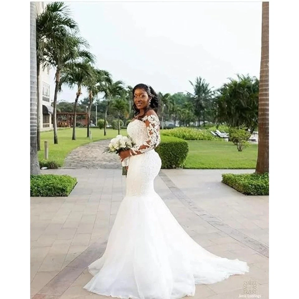 IS-NUEVO CON ETIQUETAS US12 Vestido de Boda Sirena Encaje Apliques Playa Boho Vestidos de Boda Con Cuentas Foto 2 de 4