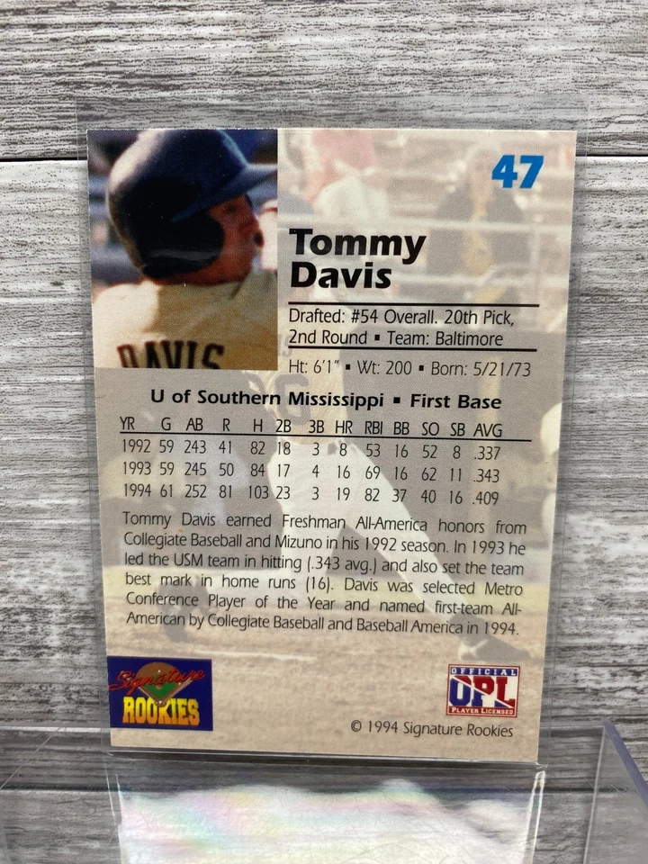1994 Signature Rookies Draft Picks Signatures #47 Tommy Davis RC Auto SP - Image 2 of 2