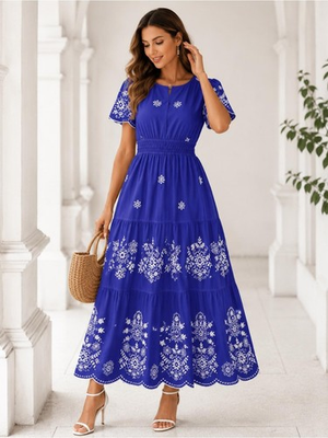 #ad NEW Elegant Royal Blue with White Flowers Boho Embroidered Maxi Dress Size M $79.99
