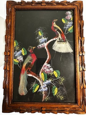 Mid Century Mexican Feathercraft Art Plumeria Exotic Bird Carved Wood Frame