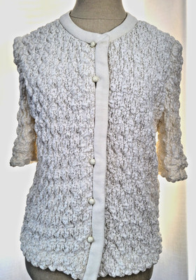 Hanae Mori Paris Ivory Womans Size S/M? button down half sleeve lace cardigan