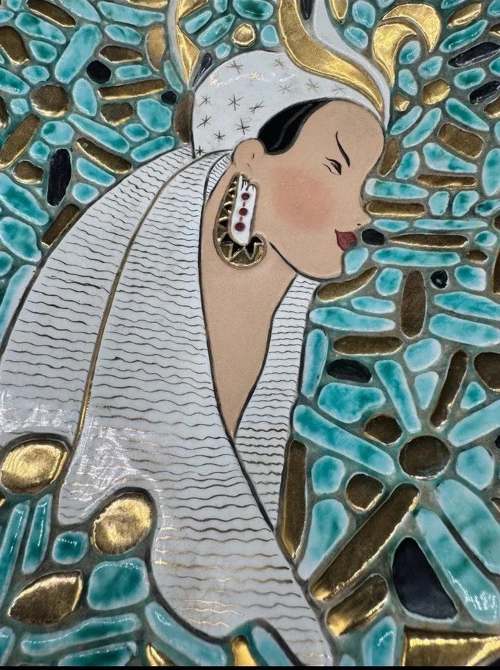 Decoración colgante de pared cerámica arte perfil mujer turquesa mediados de siglo Art Deco Foto 4 de 4