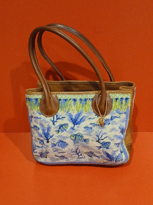 Vintage Handmade KATHA DIDDEL Tote Purse Croquet & Leather Sea Underwater Theme