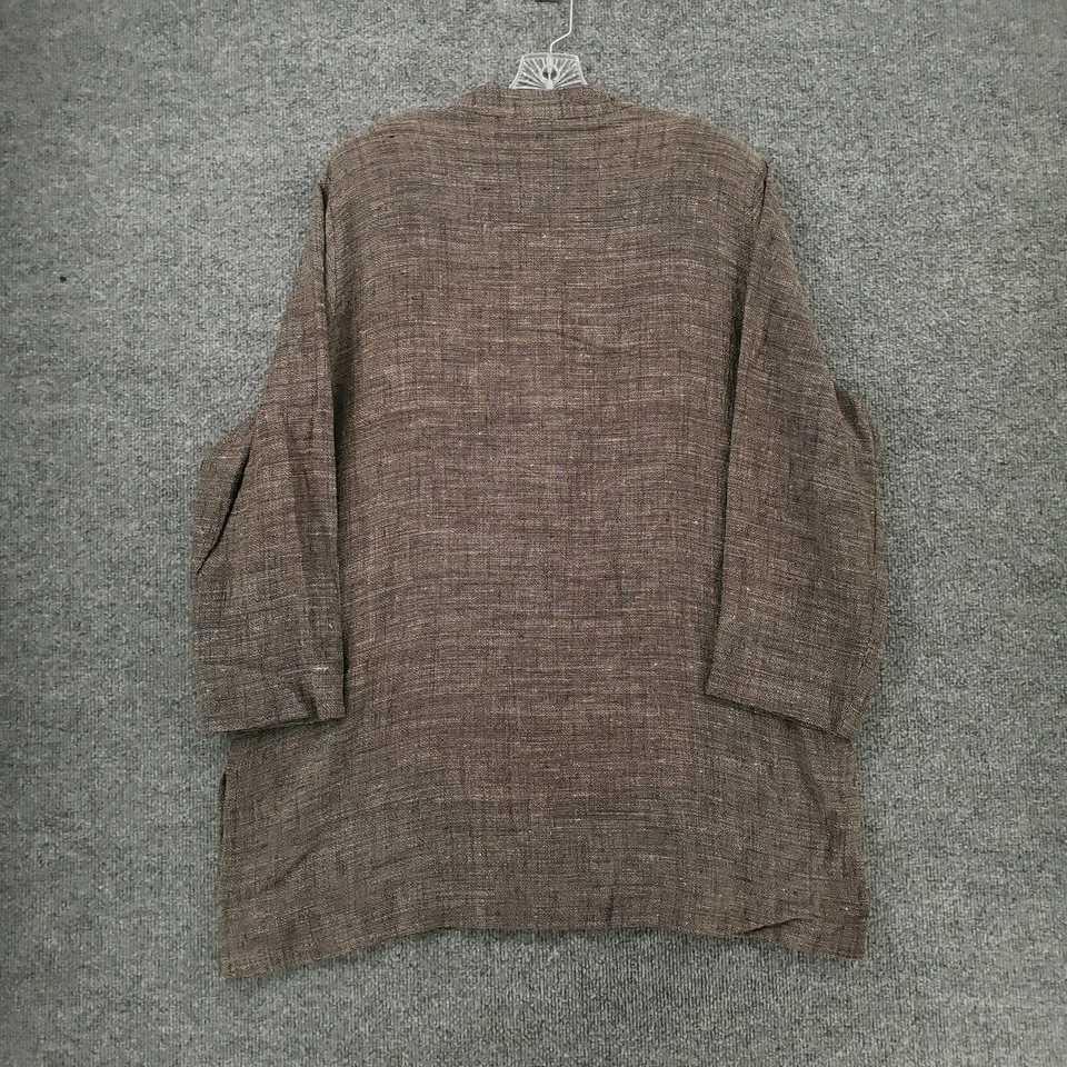 Camisa Eileen Fisher feminina XL marrom manga 3/4 túnica mistura de linho colarinho mandarim - Imagem 2 de 4