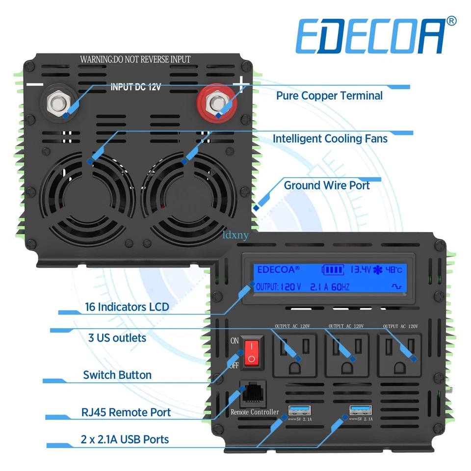 EDECOA 2000 4000 Watt Power Inverter 12V dc to 110V 120V ac LCD Remote RV - Image 2 of 4