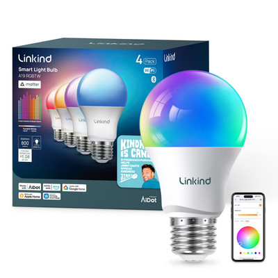 Linkind A19 Matter Smart Light Bulb, Color Changing Smart Bulb, 9W, 800lm, E26 B