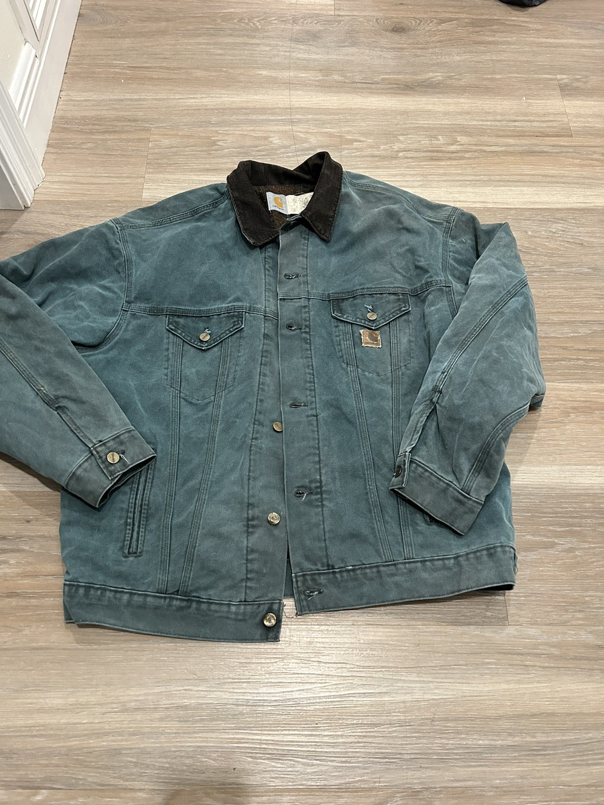 Vintage CARHARTT J10 Blanket Lined Trucker Jacket HTG Hunter Green size XL Tall