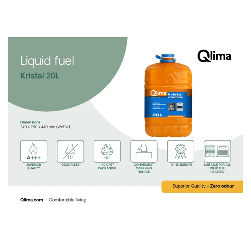 Combustibile Liquido Stufe QLIMA Kristal 20 Litri Paraffina Inodore Tanica A+++, fotografia 3 di 9