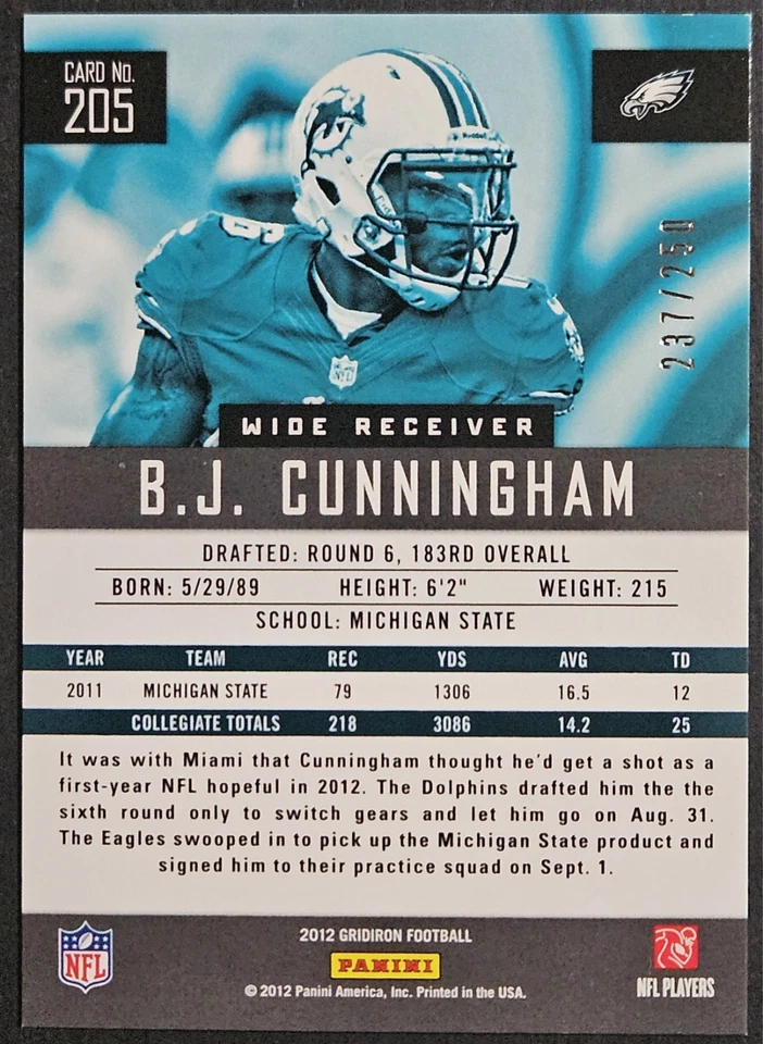 2012 Panini Gridiron Silver X's #205 B.J. Cunningham RC SP /250 Dolphins MSU - Image 2 of 2