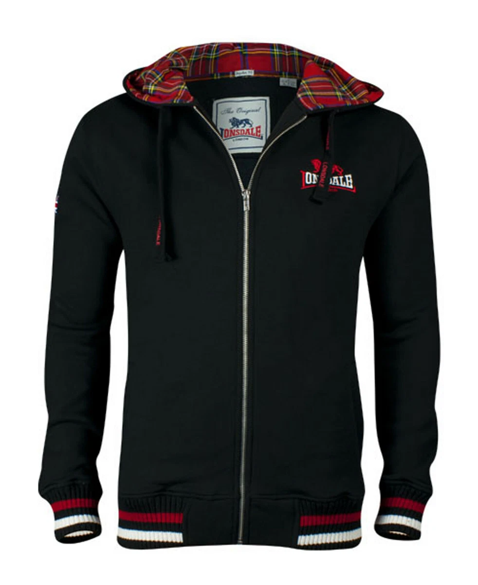 Lonsdale LANCASTER Black Zip Jacket Hoodie Sweatshirt Tartan Hood