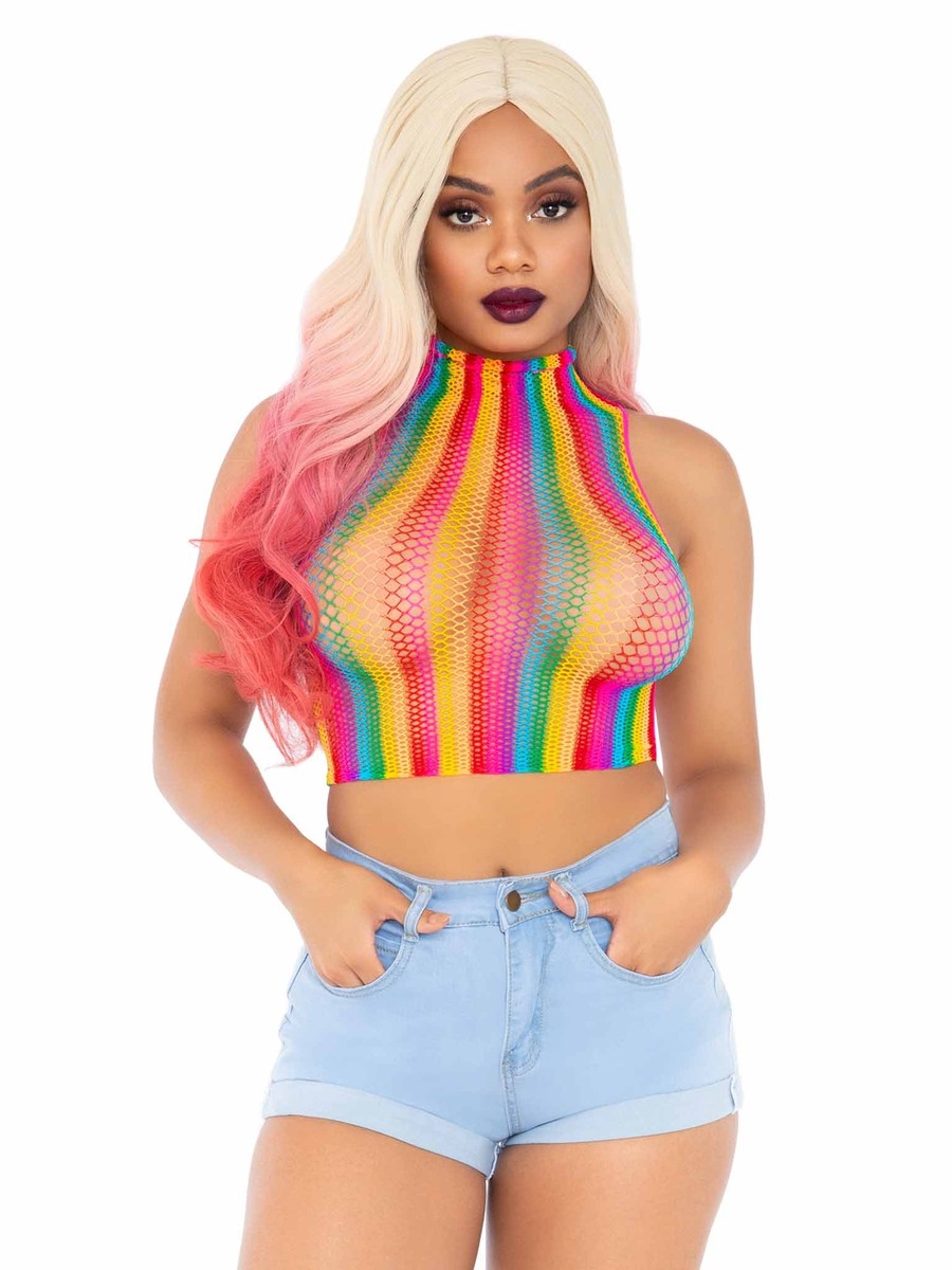 Brand New High Voltage Rainbow Fishnet Crop Top Leg Avenue