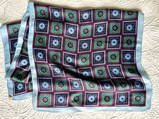 Glentex Japan Silk Rayon Vintage Scarf Flowers Blue Green 14" x 44" Rectangle