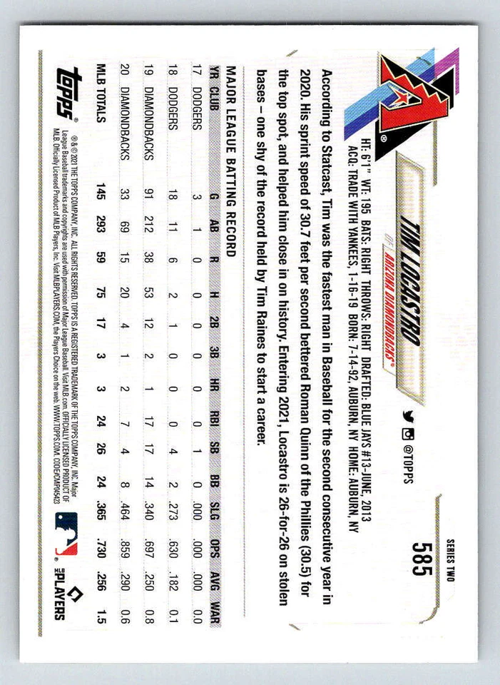 2021 Topps Gold Foil #585 Tim Locastro (ref 185041) - Image 2 of 2