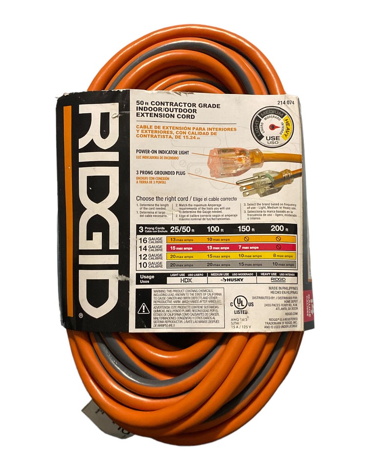 RIDGID 50FT CONTRACTOR GRADE INDOOR/OUTDOOR EXTENSION CORD 14 Gauge 214