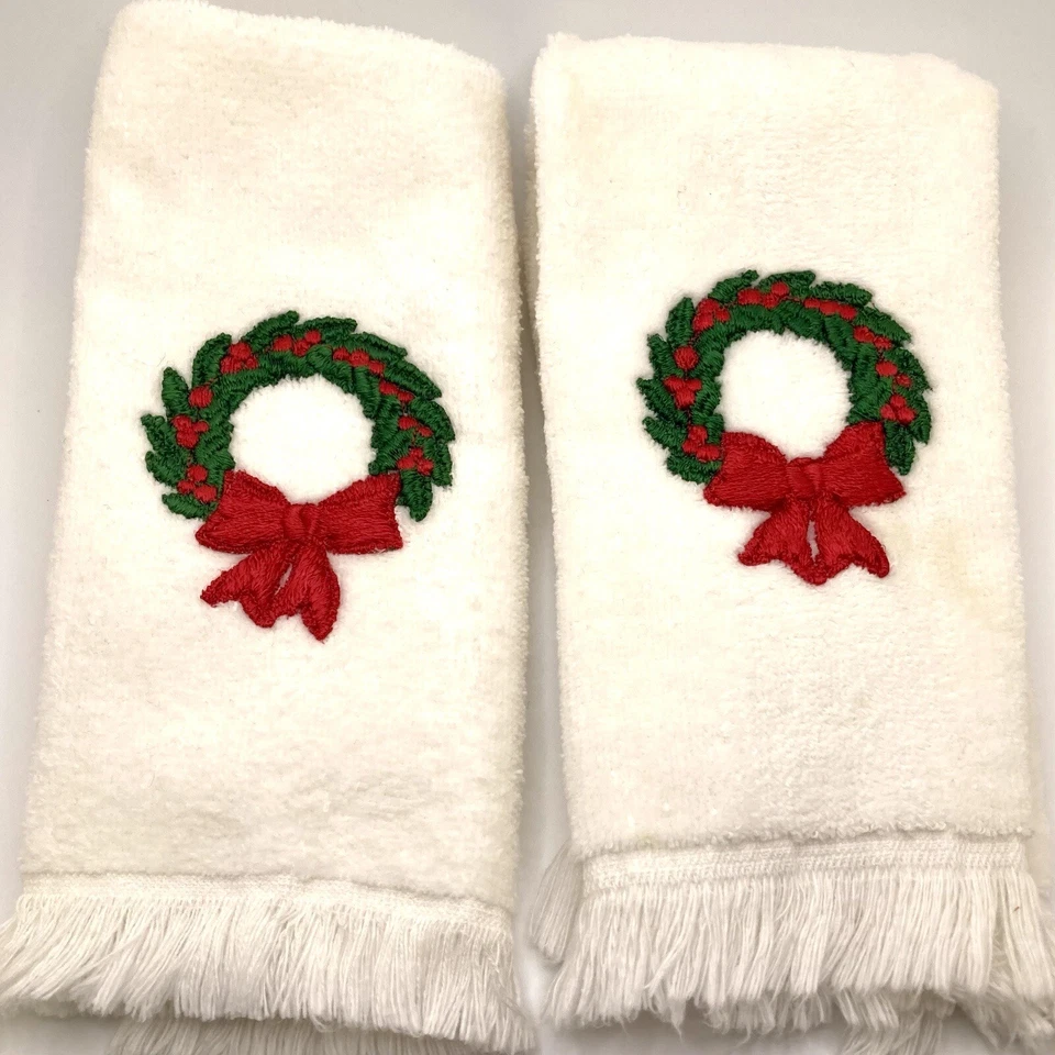Toallas de mano de Navidad vintage años 90 Fieldcrest flecos bordado EXCELENTE ESTADO Foto 4 de 4