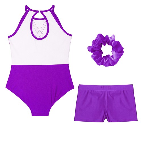Kids Girls Bodysuit With Shorts Headwear V-front Waistband Gymnastics Outfit - Picture 19 of 65