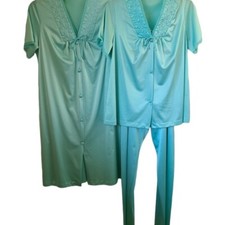 Vintage JC Penny Nylon 4 Piece Peignoir Pajama Set Top Pants Nightgown Robe Lace