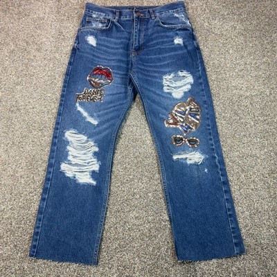 Zara Trafaluc Distressed Sequin Patch Straight Leg Jeans Embellished Size 4
