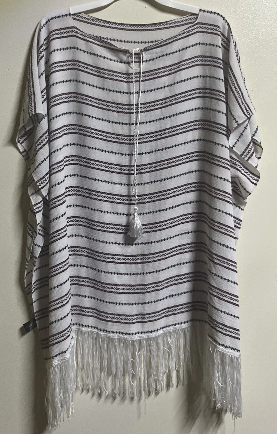 Boho Fringe Cape Poncho Pullover Women's One Size Tie Front Open Sides Striped