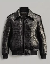 🐊 Men's Black Leather Jacket Crocodile Embossed Pattern Alligator Leather