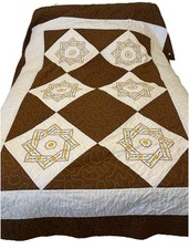 Vintage Hand And Machine Made Embroidered Star Daisy Block Quilt 102 X 85