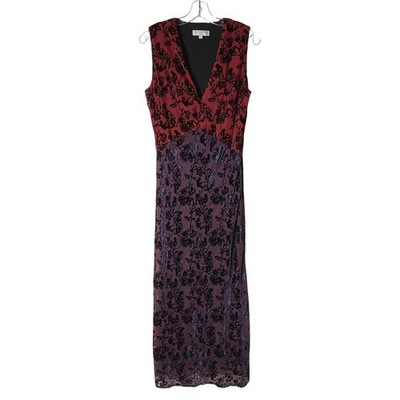 Marina Moscone Floral Burnout Velvet Midi Dress Red Purple Size 8 *READ FLAW*