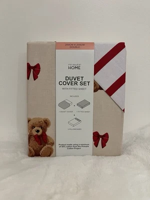 Primark Teddy Bear Bow Double Duvet Bedding Set Duvet Fitted Sheet & Pillow Case