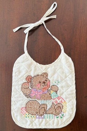 Vintage Cross Stitch Baby Bib Bear Quilted White
