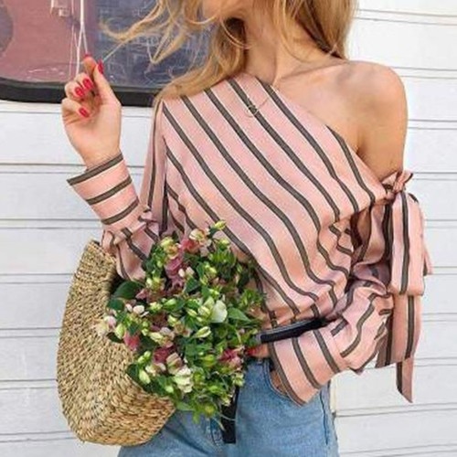 Fashionable Striped Bow Long Sleeve Shirt for Women Off Shoulder Style - Picture 2 of 40