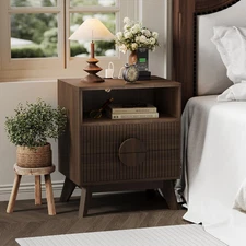 Modern Fluted Night Stand, Wood Nightstand Bedside Table End Table with Charging